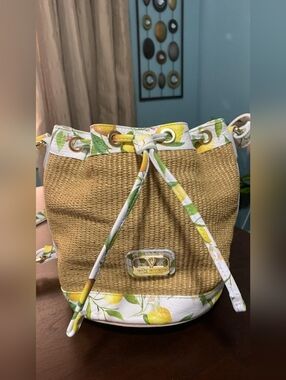Valentina Straw Bucket Bag with Lemon Print Trim - White & Natural Like New
